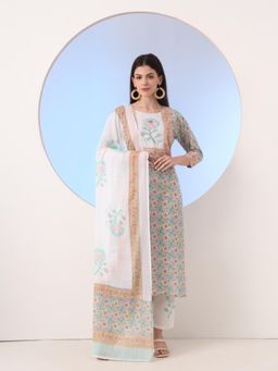 Yufta - Blue Cotton Straight Kurta with Pant & Dupatta (Set of 3)