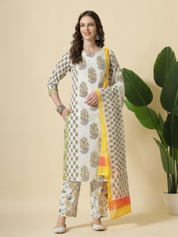 Yufta - White Floral Print Cotton Sequins Work Kurta with Pant & Dupatta (Set of 3)