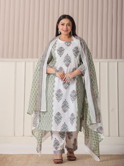 Yufta - White Hand Embroidery Cotton Kurta with Pant & Dupatta (Set of 3)