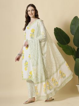Yufta - White Cotton Sequins Work Kurta with Pant & Dupatta (Set of 3)
