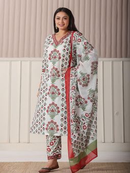 Yufta - White Cotton Sequins Work Straight Kurta with Pant & Dupatta (Set of 3)