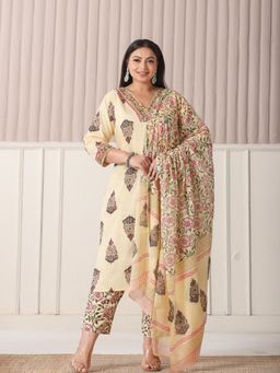 Yufta - Yellow Cotton Cutdana Work Kurta with Pant & Dupatta (Set of 3)