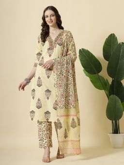 Yufta - Yellow Cotton Cutdana Work Kurta with Pant & Dupatta (Set of 3)