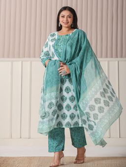 Yufta - Sea Green Cotton Cutdana Work Kurta with Pant & Dupatta (Set of 3)