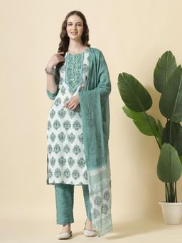 Yufta - Sea Green Cotton Kurta with Pant & Dupatta (Set of 3)