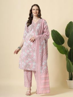 Yufta - Pink Pure Cotton Floral Print Thread Work Kurta with Pant & Dupatta (Set of 3)