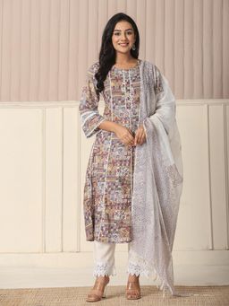 Yufta - Beige Cotton Geometric Print Anarkali Kurta with Pant & Dupatta (Set of 3)