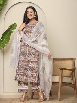 Yufta - Beige Cotton Geometric Print Straight Kurta with Pant & Dupatta (Set of 3)