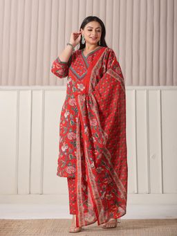 Yufta - Red Floral Print Cotton Cutdana Work Kurta with Pant & Dupatta (Set of 3)