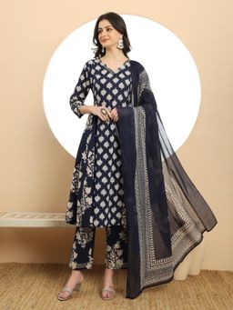 Yufta - Navy Blue Floral Print A-Line Kurta with Pant & Dupatta (Set of 3)