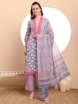 Yufta - Pure Cotton Blue Kurta with Pant & Dupatta (Set of 3)