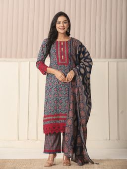 Yufta - Blue Cotton Floral Print Kurta with Pant & Dupatta (Set of 3)