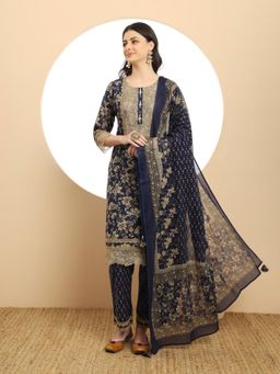 Yufta - Cotton Navy Blue Kurta with Pant & Dupatta (Set of 3)