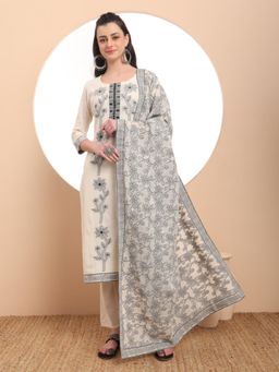 Yufta - Off-White Handloom Cotton Jacquard Kurta with Pant & Dupatta (Set of 3)