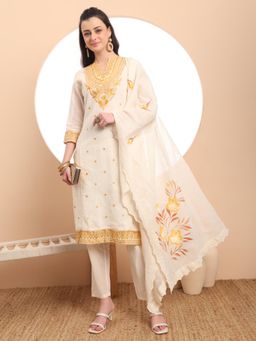 Yufta - Off-White Pure Handloom Thread Work Kurta with Pant & Dupatta (Set of 3)