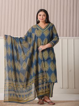 Yufta - Blue Block Print Cotton Lace Work Kurta with Pant & Dupatta (Set of 3)