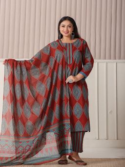 Yufta - Maroon Block Print Cotton Lace Work Kurta with Pant & Dupatta (Set of 3)