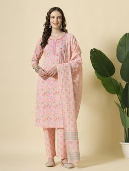 Yufta - Pink Pure Cotton Floral Thread Work Kurta with Pant & Dupatta (Set of 3)