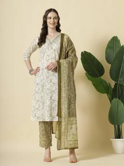 Yufta - Green Pure Cotton Paisley Thread Work Kurta with Pant & Dupatta (Set of 3)