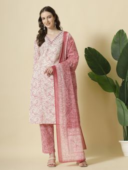 Yufta - Pink Pure Cotton Paisley Thread Work Kurta with Pant & Dupatta (Set of 3)