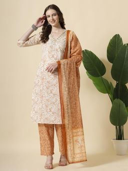 Yufta - Rust Pure Cotton Paisley Thread Work Kurta with Pant & Dupatta (Set of 3)
