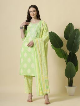 Yufta - Green Pure Cotton Floral Print Thread Work Kurta with Pant & Dupatta (Set of 3)