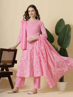 Yufta - Pink Pure Cotton Anarkali Piping Kurta with Pant & Dupatta (Set of 3)