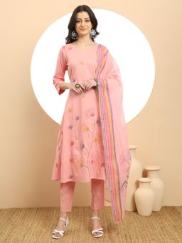 Yufta - Pure Cotton Pink A-Line Kurta with Pant & Dupatta (Set of 3)