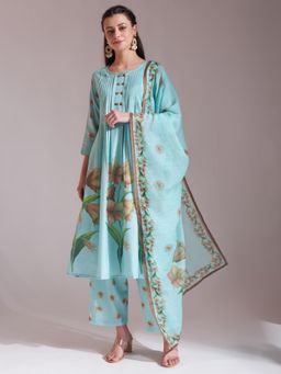 Yufta - Linen Cotton Sea Green Anarkali Kurta with Pant & Dupatta (Set of 3)