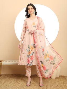 Yufta - Linen Cotton Peach A-Line Kurta with Pant & Dupatta (Set of 3)