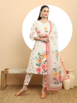 Yufta - Linen Cotton White A-Line Kurta with Pant & Dupatta (Set of 3)