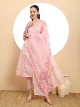 Yufta - Pink A-Line Floral Kantha Work Kurta with Pant & Dupatta (Set of 3)