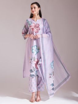 Yufta - Lavender Floral Sequins Work A-Line Kurta with Pant & Dupatta (Set of 3)