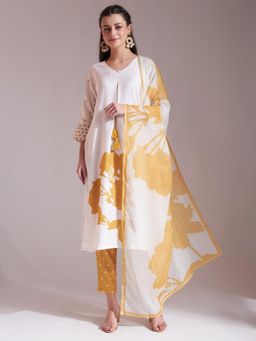 Yufta - White Linen Cotton Straight Kurta with Pant & Dupatta (Set of 3)