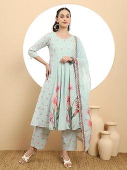 Yufta - Blue Linen Cotton A-Line Kurta with Pant & Dupatta (Set of 3)