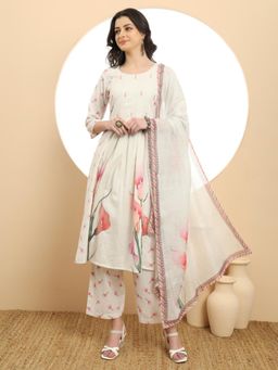 Yufta - White Linen Cotton A-Line Kurta with Pant & Dupatta (Set of 3)