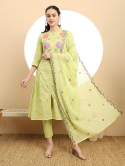 Yufta - Green Pure Cotton A-Line Embroidered Kurta with Pant & Dupatta (Set of 3)
