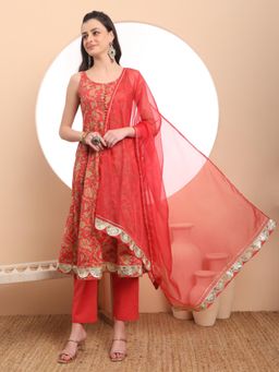 Yufta - Red Cotton Sleeveless Anarkali Kurta with Pant & Dupatta (Set of 3)