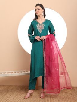 Yufta - Teal Green Embroidered Kurta with Pant & Dupatta (Set of 3)