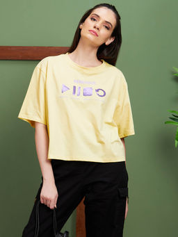 Globus - Women Yellow Typography Cotton Round Neck Boxy Fit Casual T-Shirt
