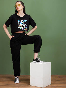 Globus - Women Black Typography Cotton Round Neck Boxy Fit Casual T-Shirt