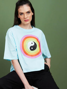 Globus - Women Blue Graphic Coversational Cotton Round Neck Boxy Fit Casual T-Shirt