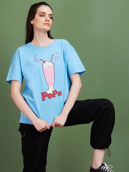 Globus - Women Sky Blue Humour & Comic Cotton Round Neck Boxy Fit Casual T-Shirt