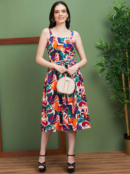 Globus - Women Multi Square Neck Strappy Shoulder Abstract Printed Crop Top & Pleated Midi Skirt Co-Ord Set