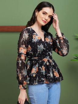 Globus - Women Black Floral Print Polyester V-Neck Work Peplum Top