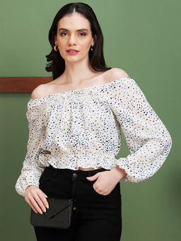 Globus - Women Off White Print Polyester Off-Shoulder Casual Crop Top