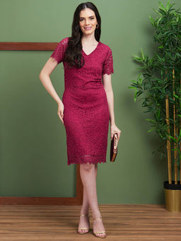 Globus - Women Wine V-Neck Opaque Floral Lace Bodycon Party Dress