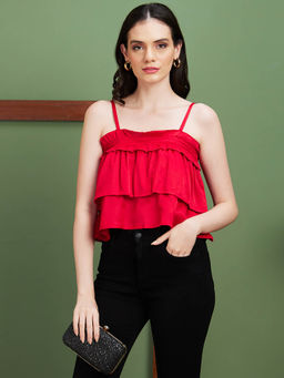 Globus - Women Red Solid Polyester Shoulder Straps Party Crop Top