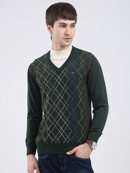 Monte Carlo - Men Olive Self Design Sweater