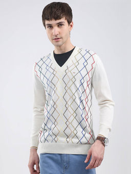 Monte Carlo - Men White Self Design Sweater